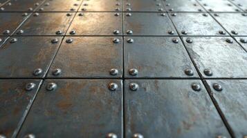 Weathered metal surface with industrial riveted iron panels close-up photo