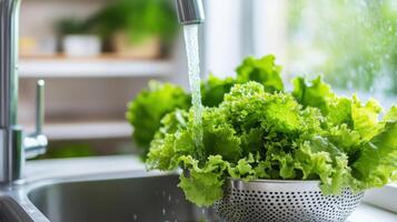 Fresh green lettuce being washed in kitchen under running water in stainless steel colander photo