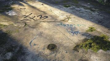 Weathered concrete surface with graffiti and moss in sunlight reflection photo