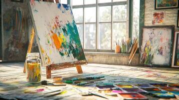 Sunlit artist studio with abstract painting on easel and art supplies photo