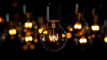 Close-up of illuminated light bulbs hanging in a dark ambient setting photo