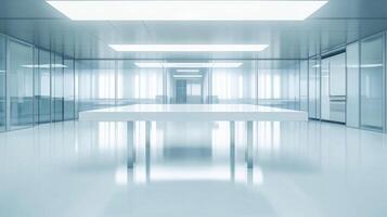 Futuristic minimalist office interior with glass walls and white table in modern workspace photo