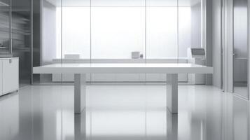 Minimalist white office space with sleek furniture and modern decor elements photo