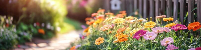 Vibrant summer garden with colorful flowers blooming along a sunny path photo