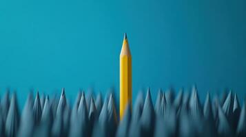 Yellow pencil standing out among blue pencils on a gradient background photo