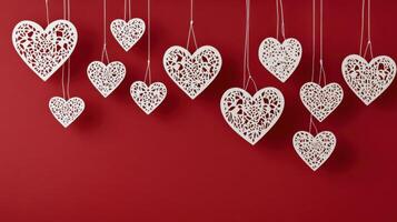 Hanging decorative heart ornaments on red background for valentine's day photo