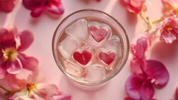 Refreshing glass with heart-shaped ice cubes surrounded by pink petals and flowers photo
