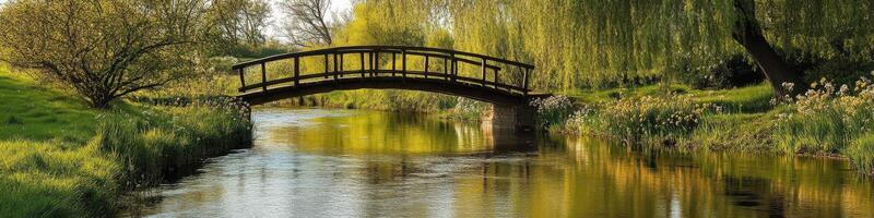 Tranquil wooden bridge over serene river in lush green countryside setting photo