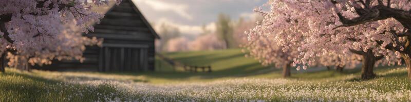 Blossoming cherry trees in springtime countryside near rustic barn photo