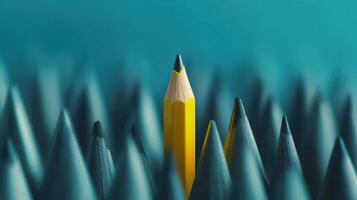 Standout yellow pencil amidst blue surrounding pencils symbolizing individuality photo