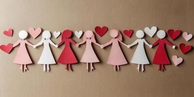 Diverse women's unity represented by paper cutouts holding hands and hearts photo