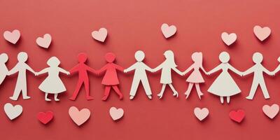 Paper cut-out people holding hands surrounded by hearts on red background demonstrating unity photo