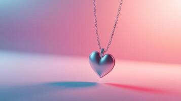 Metallic heart pendant with chain on pastel gradient background photo