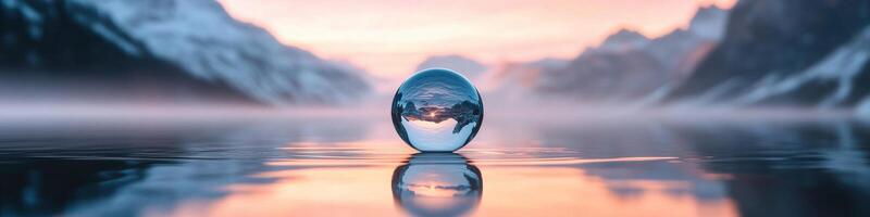 Reflective crystal sphere capturing mountain landscape during sunset tranquility photo