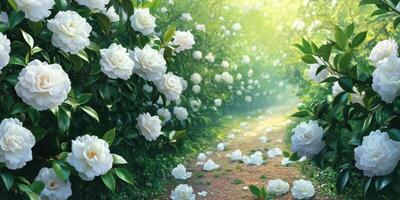 Enchanting pathway surrounded by blooming white camellia flowers in sunlit garden photo