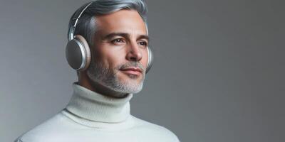 Mature man with headphones in casual outfit listening to music concept photo