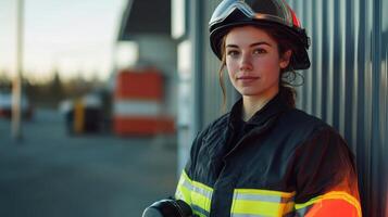 Female firefighter in protective gear standing outdoors in sunlight photo