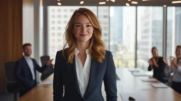 Confident female leader in modern office setting for business success concept photo