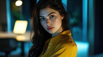 Portrait of a young woman in a yellow blouse with modern architectural background photo