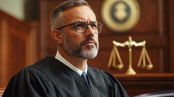 enfocado masculino juez en sala de justicia con escamas de justicia simbolizando ley y orden foto