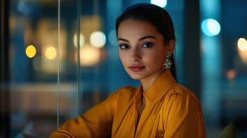 Elegantly dressed woman in evening ambiance with soft lighting and earrings photo