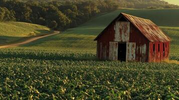Rustic red barn in vast green field surrounded by rolling hills at sunset photo