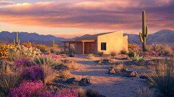 Adobe house amid desert landscape with cacti and vibrant wildflowers at sunset photo
