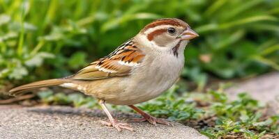 Close-up of a sparrow standing on the ground in natural habitat photo