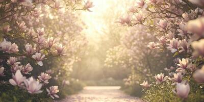 Pathway lined with blooming magnolia trees in sunlit garden setting photo