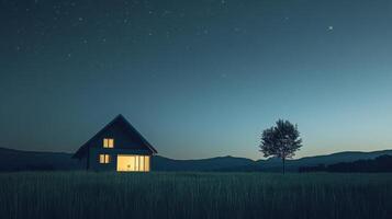 Illuminated house in a tranquil field at night under a starry sky landscape photo