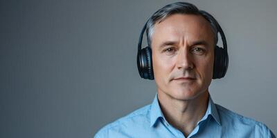 Mature man listening to music with wireless headphones for audio concept photo
