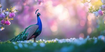 Majestic peacock in blossom garden with vibrant plumage and colorful feathers photo