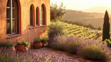 Sunlit tuscan villa with lavender and olive garden in summer landscape photo