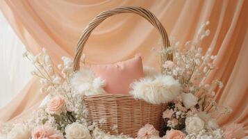 Wicker basket with soft pink pillow surrounded by delicate flowers in gentle light photo