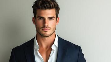 Portrait of a young male model in a suit with confident expression and groomed hair photo