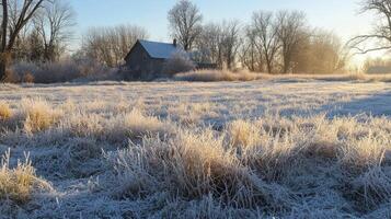 Frost-covered field with a rustic house under winter morning light photo