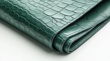 Close-up of green crocodile leather texture on wallet for elegant accessory concept photo