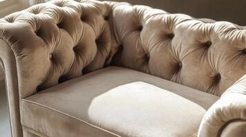 Luxurious beige velvet sofa with tufted upholstery and sunlight shadow pattern photo