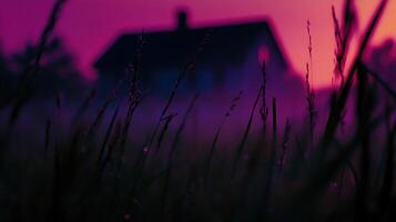 Silhouette of a house at dusk with tall grass in the foreground photo