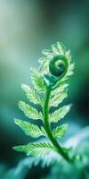 CloseUp of a Vibrant Green Fern Frond Unfurling in Natural Light photo