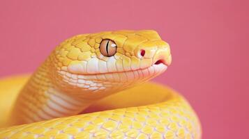 Vibrant Yellow Snake Against Pink Background A CloseUp Capturing Reptilian Elegance photo