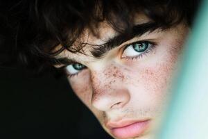 Close Up of Young Person with Freckles and Intense Blue Eyes photo
