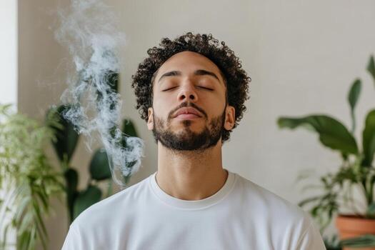 Serene Meditation with Gentle Smoke in Calm Indoor Setting photo