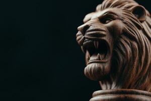 Majestic Wooden Lion Sculpture against Dark Background in Fine Detail photo