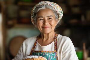 Smiling Elderly Woman in Apron Holding Freshly Baked Bread in Rustic Kitchen Setting photo