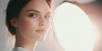 Soft Light Portrait of a Serene Young Woman in Natural Setting photo