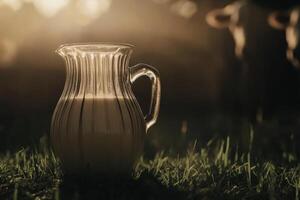 Rustic Pitcher of Fresh Milk in Sunlit Grass with Cows Grazing in Background photo