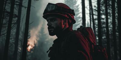 Silhouette of a Firefighter in a Smoky Forest Scene at Dusk photo