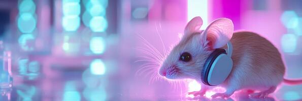 Cute Mouse Listening to Music with Headphones in Neon Light Setting photo
