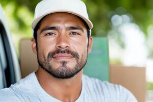 Smiling Delivery Worker with Cap Close up Portrait Outdoors with Carton Boxes photo
